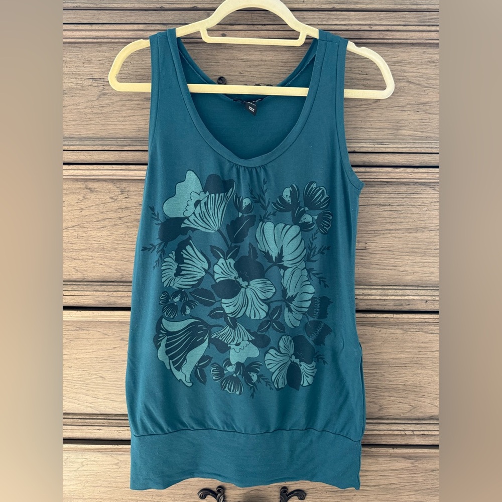 5 for $25 H&M Floral Teal Sleeveless Top Rayon Tank Top Tunic Banded Hibiscus …